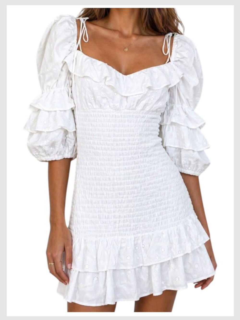 For Love & Lemons White Smocked Eyelet Mini Dress L - Picture 9 of 9